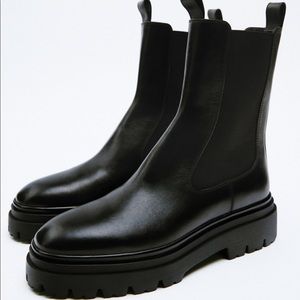 Zara Black Leather Lug Sole Ankle Chelsea Boots, Sz 40